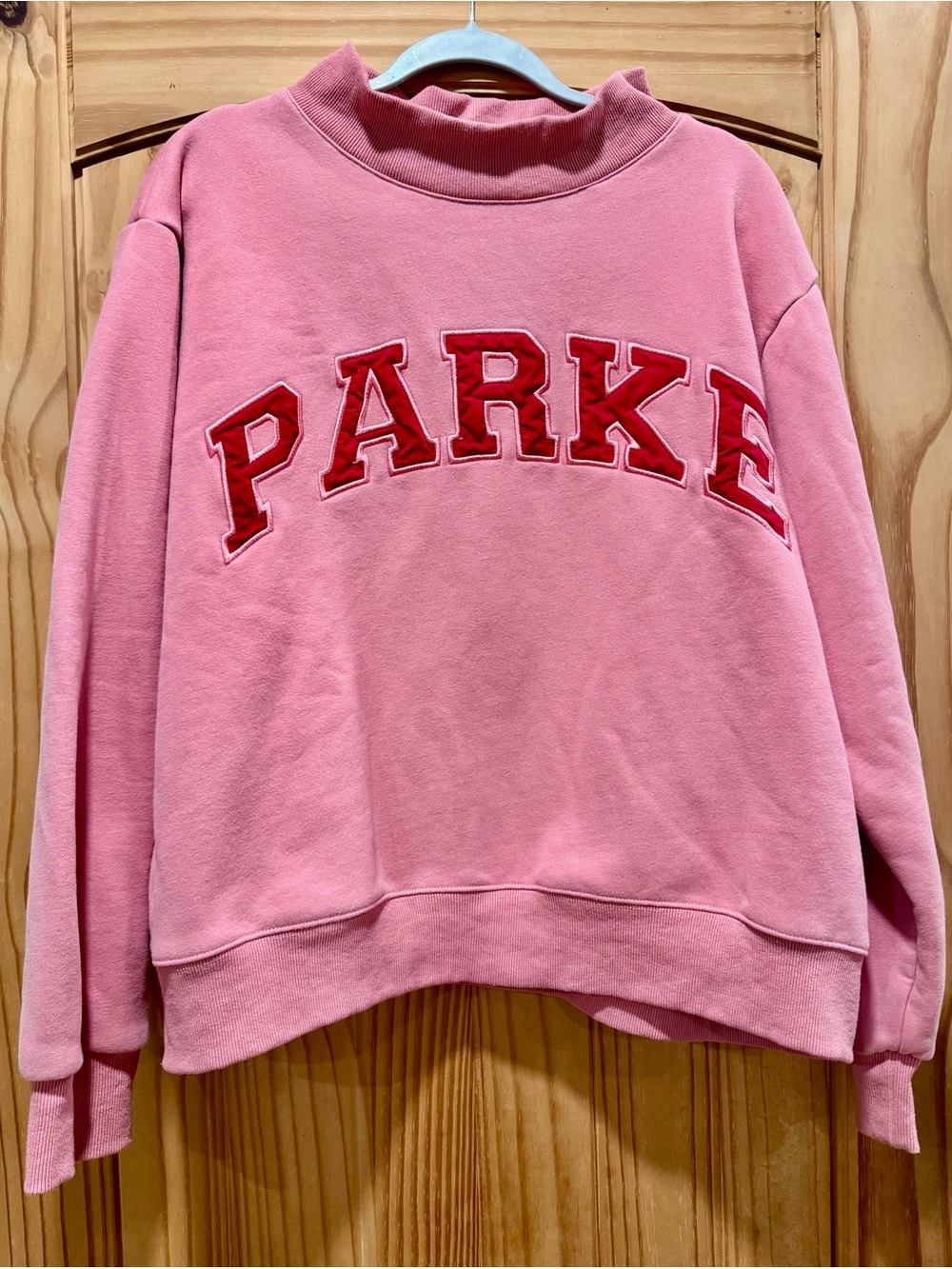 Parke Valentine Bubblegum Pink Mock-Neck Sweatshirt with Red Appliqué